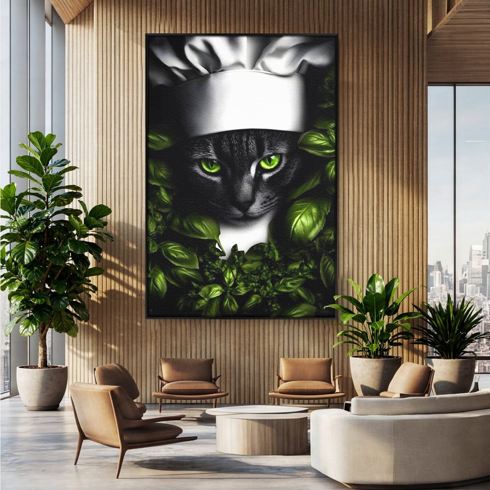 Tablou canvas cu tablou canvas cu pisica bucatar si frunze, in rama de aluminiu negru, pe perete intr-un birou